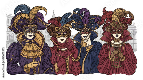 Elegant group of four in Venetian carnival costumes and ornate feathered masks illustration