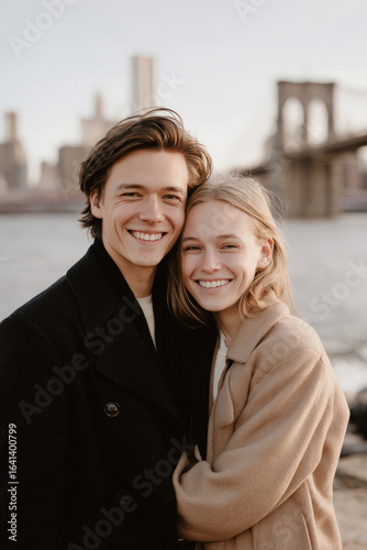 young couple embraces warmly against iconic new york skyline with bridges in background