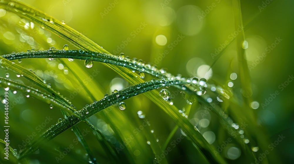 Naklejka premium Fresh Green Grass Blades Adorned with Morning Dew, Illuminated by Soft Sunlight, Creating a Serene Springtime Scene