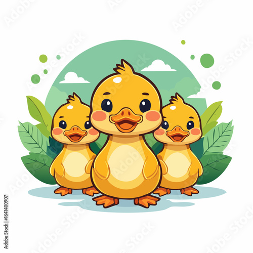 Cheerful trio of adorable ducklings surrounded by lush greenery in a vibrant illustration