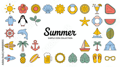 Colorful Summer Icons Collection Sun, Flowers, Fruits, Beach Items, and Sea Animals Illustration