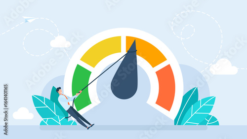 Reduce business risk level. Cartoon tiny man pushing arrow of stress level meter. Man person working hard on decrease financial red alert meter and lower danger indicator on scale. Vector illustration