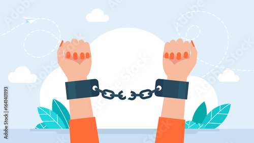A woman breaking handcuffs enjoying freedom. Woman break handcuffs enjoy freedom. Female breaking chains on hands. Concept of emancipation, girl power and revolution. Vector illustration