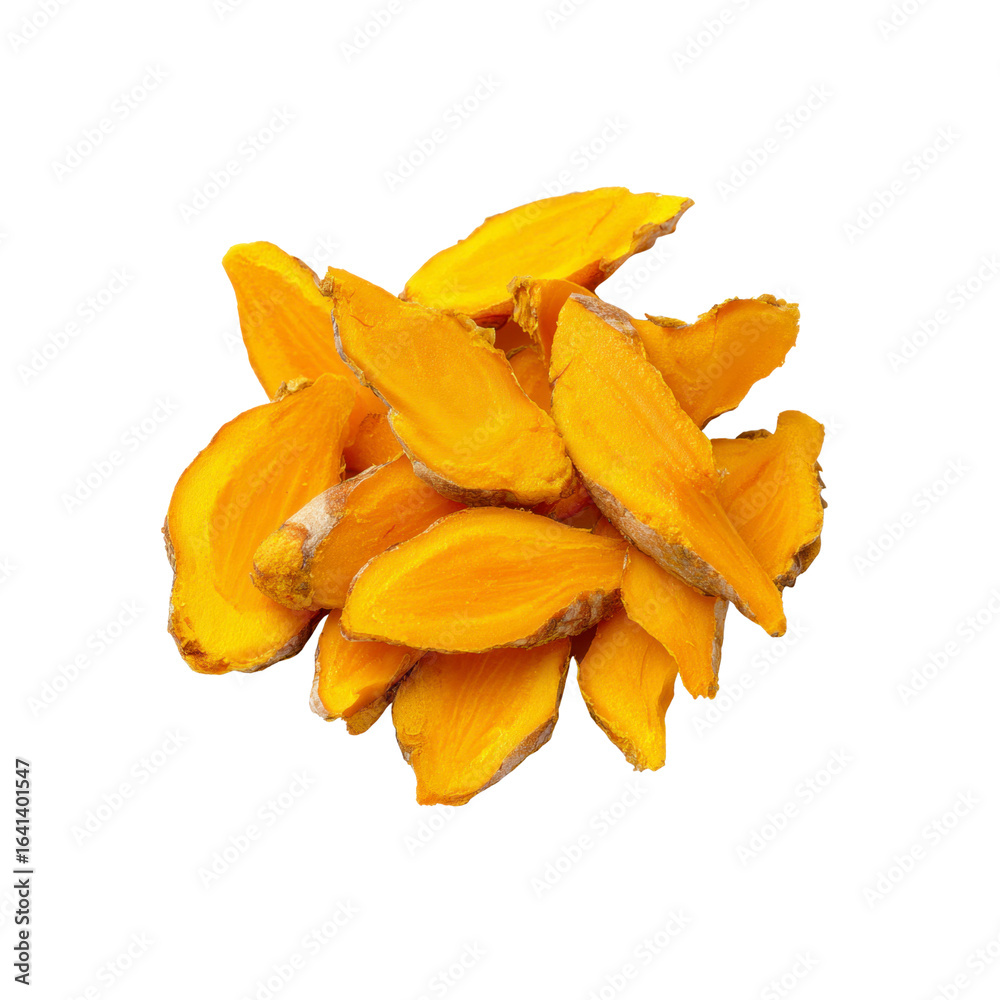 Naklejka premium Sliced Turmeric Root Close-up, Vibrant Yellow Spice