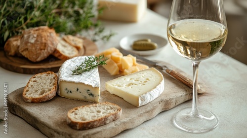 A beautifully arranged cheese platter with various cheeses, fresh herbs, artisan bread, and a glass of white wine, perfect for a sophisticated dining experience.