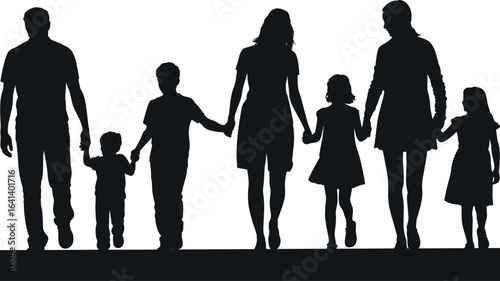 Silhouette group, people holding hands, family unity, walking together, black figures, white background, children, adults, togetherness, line formation, illustration