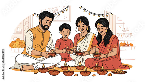 Happy Indian family celebrating Diwali together with traditional oil lamps and decorations