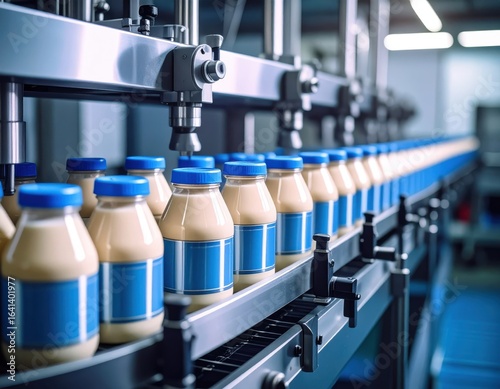 Industrial dairy production line processing bottles of milk with automated filling machinery in a modern factory setting