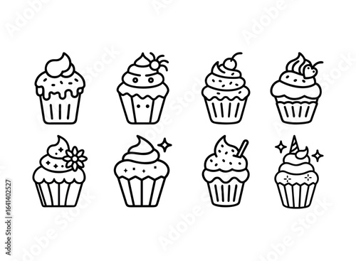 Vector art of set of simple line art cupcake icons isolated on white background