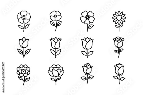 Vector art of collection of various flower icons and illustrations isolated on white background