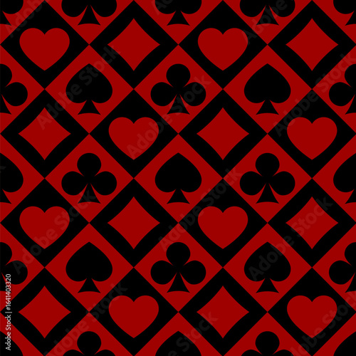 Flat decorative chess cell seamless pattern background with playing card suit symbols in red and black colors. Vector illustration