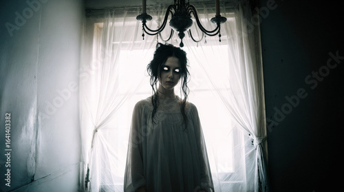 Ghostly girl with glowing eyes standing under chandelier in dim light  