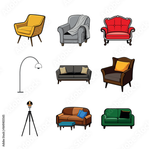 Vector art of collection of furniture and lighting isolated on white background