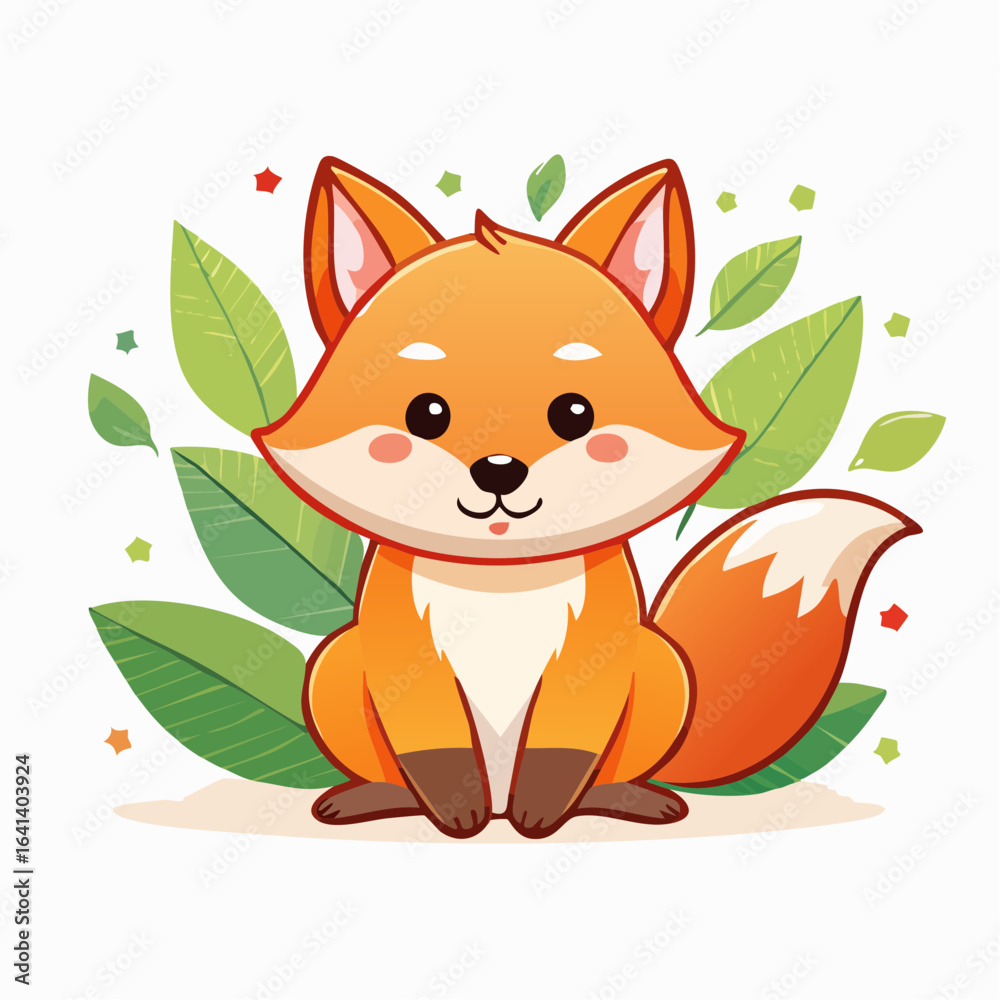 Obraz premium Adorable cartoon fox illustration with a backdrop of leaves creating a whimsical design