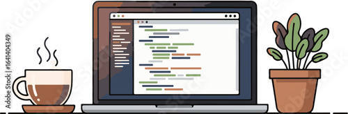 Vector art of laptop with coffee and plant on desk, displaying code isolated on white background