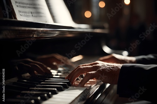 Keydor playing piano with bright lights, showing skillful hands and sheet music.