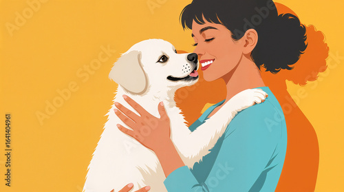 Woman holding small white dog and smiling on yellow background  