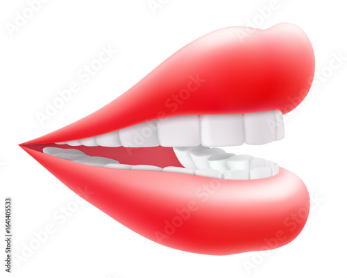 Sexy juicy lips in vibrant color isolated on white background. Perfect for beauty, makeup, and fashion concepts. Woman's kiss side view, a smile. Glamorous look. 3D realistic vector illustration.