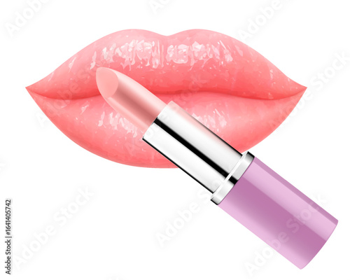 Sexy juicy lips with bright nude lipstick isolated on white background. Cosmetics advertising concept. Lip balm and juicy lips. Perfect for beauty, makeup. 3D realistic vector illustration.