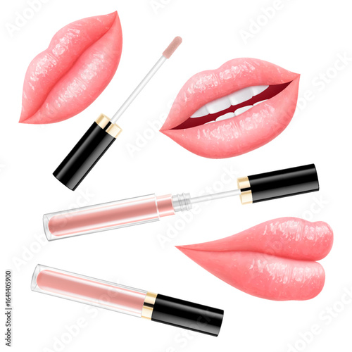 Sexy lips with bright nude lip gloss isolated on white background. Cosmetics advertising concept. Lip balm or lipstick and juicy lips. Perfect for beauty, makeup. 3D realistic vector illustration