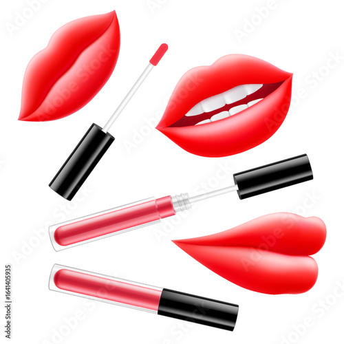 Sexy juicy lips with bright red lip gloss isolated on white background. Cosmetics advertising concept. Lip balm or lipstick and juicy lips. Perfect for beauty, makeup. 3D realistic vector illustration