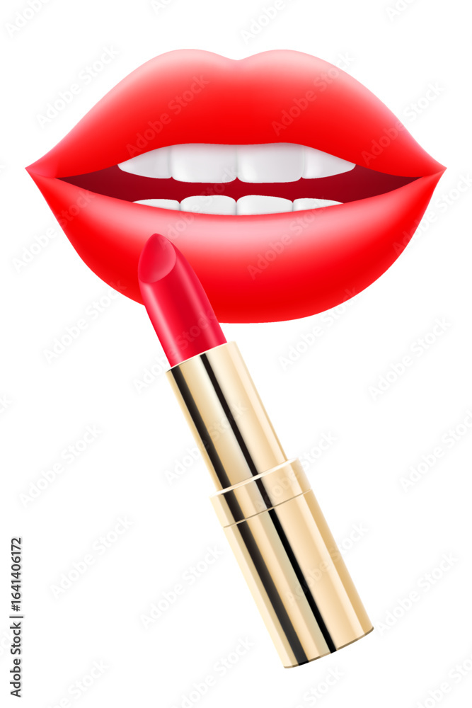 Obraz premium Sexy juicy lips with bright red lipstick isolated on white background. Cosmetics advertising concept. Lip balm and juicy lips. Perfect for beauty, makeup. 3D realistic vector illustration.