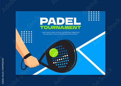 Padel competition banner. Blue background with a top view of a padel court, ball, and racket. Vector illustration of the sport of padel.