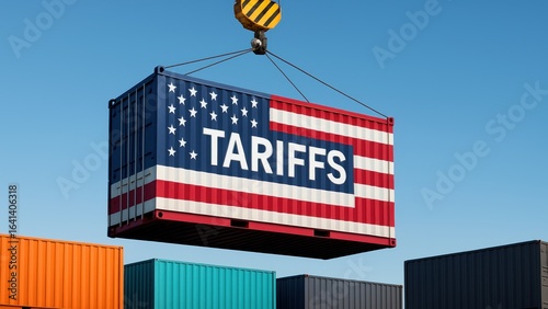 Shipping container with american flag design labeled tariffs lifted by crane, illustrating tariff increase and import tax effects on trade
