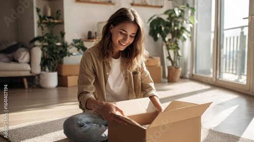 A satisfied customer unboxes her online order in a home, sitting on the floor.