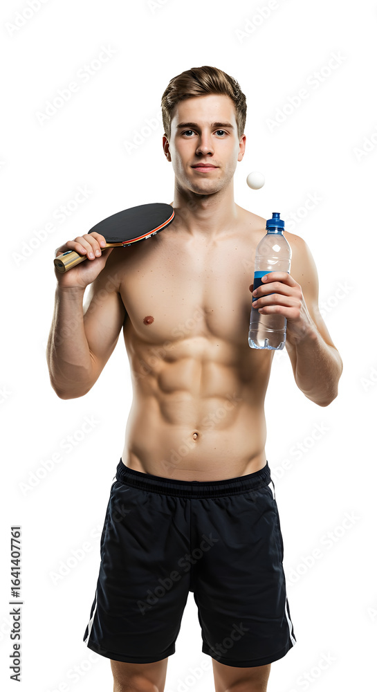 Fototapeta premium Sports Athletes - Young athletic man holding table tennis paddle and water bottle with ping pong ball, isolated on black background, perfect for sports and fitness content