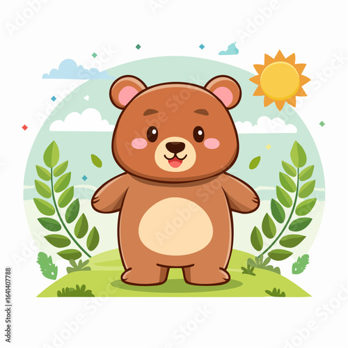 Adorable cartoon brown bear stands cheerfully in a bright sunny outdoor setting