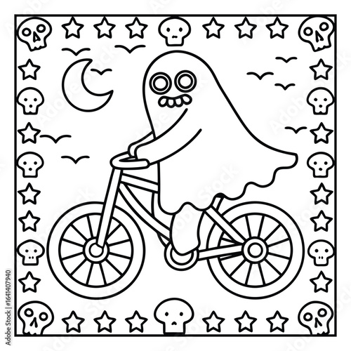 Ghost on the Dark Halloween Coloring Page – Spooky Haunted Night Scene with Ghosts, Pumpkins, and Bats Line Art for Kids and Adults. Halloween Coloring Pages