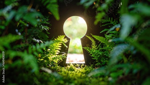 View through a keyhole surrounded by vibrant green ferns, revealing sunlight and lush foliage beyond.