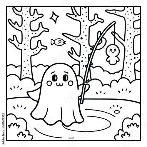 Ghost on the Dark Halloween Coloring Page – Spooky Haunted Night Scene with Ghosts, Pumpkins, and Bats Line Art for Kids and Adults. Halloween Coloring Pages