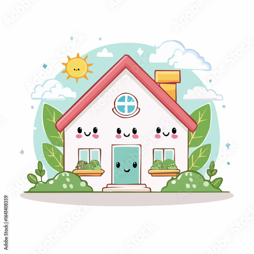 Adorable Animated House Surrounded by Nature, Cartoon Illustration with Cheerful Elements
