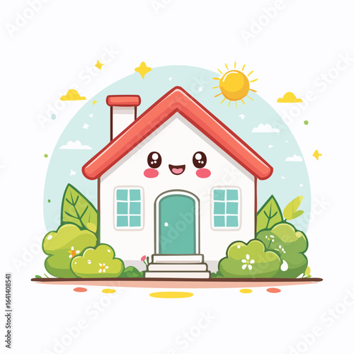 Adorable Cartoon House Illustration: Smiling Home with Sunshine and Greenery, Ideal for Children's Content