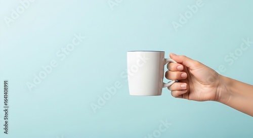 Hand holding a white ceramic mug against a light blue background