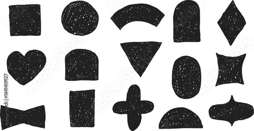 Abstract hand drawn geometric shapes with pencil and chalk or crayon in scribble sketch style. Set of funky childish elements for background banner, sticker, badge. Monochrome vector art.