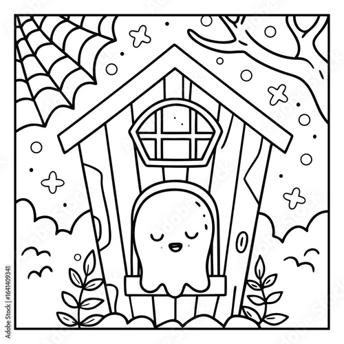Ghost on the Dark Halloween Coloring Page – Spooky Haunted Night Scene with Ghosts, Pumpkins, and Bats Line Art for Kids and Adults. Halloween Coloring Pages