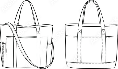 CAD drawing flat vector illustration of tote handbag with front and back view, technical fashion sketch, bag design template, mockup
