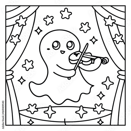 Ghost on the Dark Halloween Coloring Page – Spooky Haunted Night Scene with Ghosts, Pumpkins, and Bats Line Art for Kids and Adults. Halloween Coloring Pages