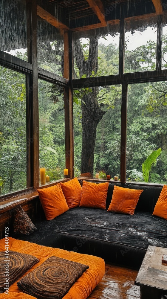 Fototapeta premium Rainforest Retreat: Cozy Cabin Interior with Lush Greenery Views