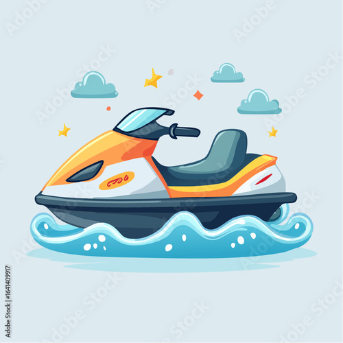 A vibrant cartoon illustration of a jet ski on the water with clouds and stars surrounding it