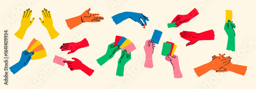 A diverse collection of hands in various creative gestures. Human arms actively holding, gesturing, and communicating through visual cues.