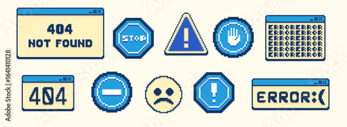 Old computer browser in 90s with 404 error pixel message boxes and popup user interface elements, Vector illustration of UI