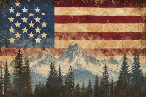 Patriotic Mountain Majesty: A Vintage American Landscape