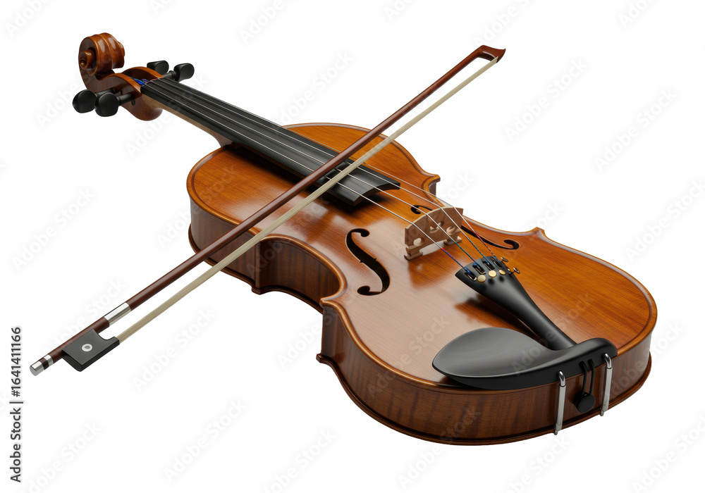 Fototapeta premium Pristine, detailed classical violin and matching bow, glossy, isolated on clean corporate neutral background, soft high-key studio lighting, concept of musical elegance and artistic excellence