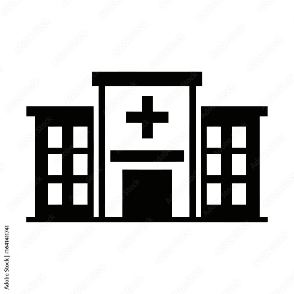 A simple black and white hospital building icon with a cross on the main building structure design A simple black and white hospital building icon with a cross on the main building structure design
