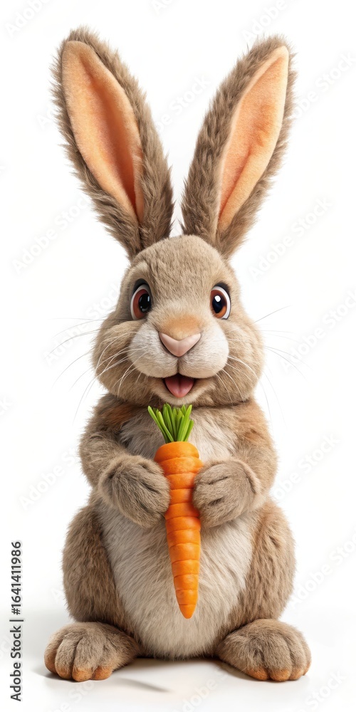 Fototapeta premium A soft and cuddly bunny with a big smile holding a fresh orange carrot in its paws