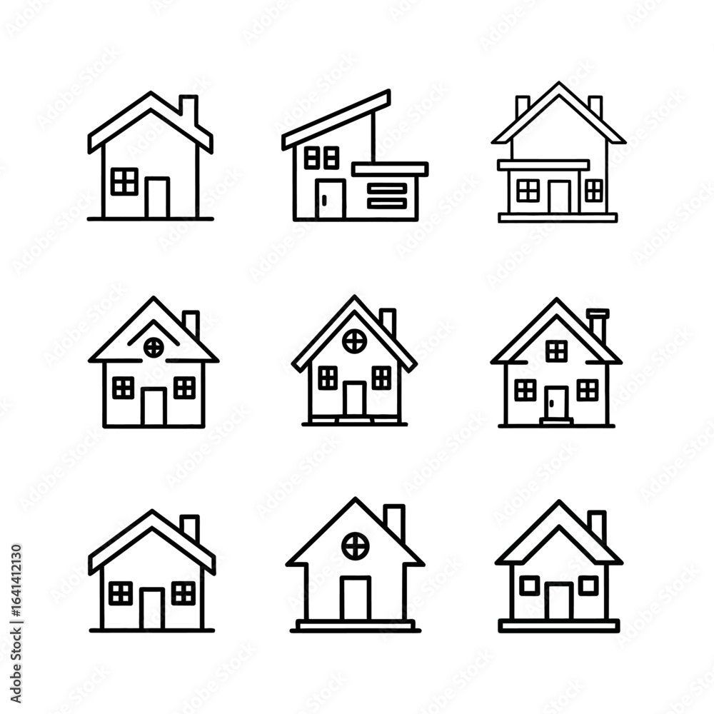 Fototapeta premium a grid of nine black and white line-art icons of houses. Each icon depicts a different style of single-family home, all with a simple, clean aesthetic.